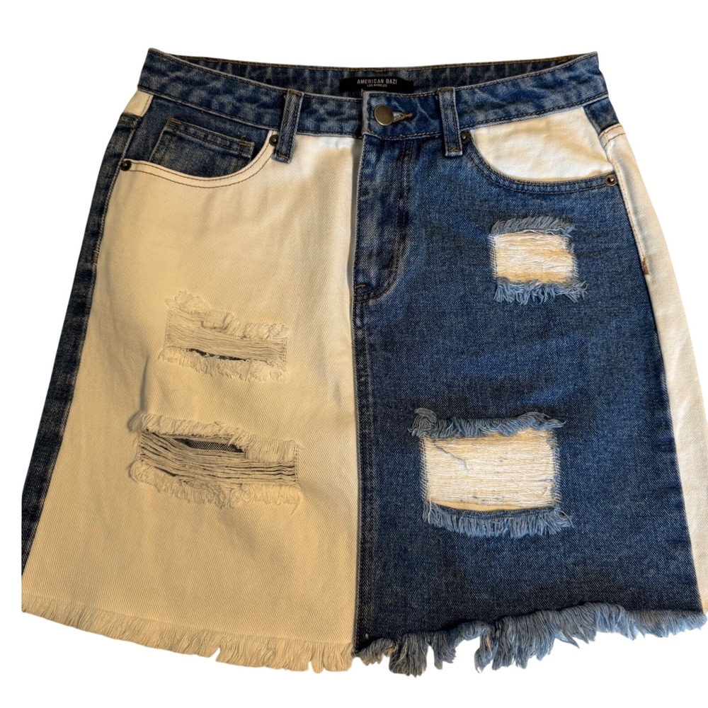 American Bazi Denim Skirt Womens M Blue White Excellent Two Tone Distressed Mini